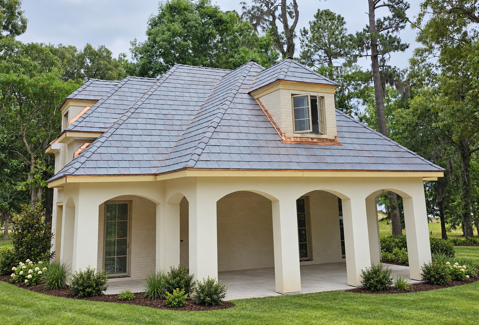 Maddox Brava tile roofing project in New Bern, NC, with copper flashing